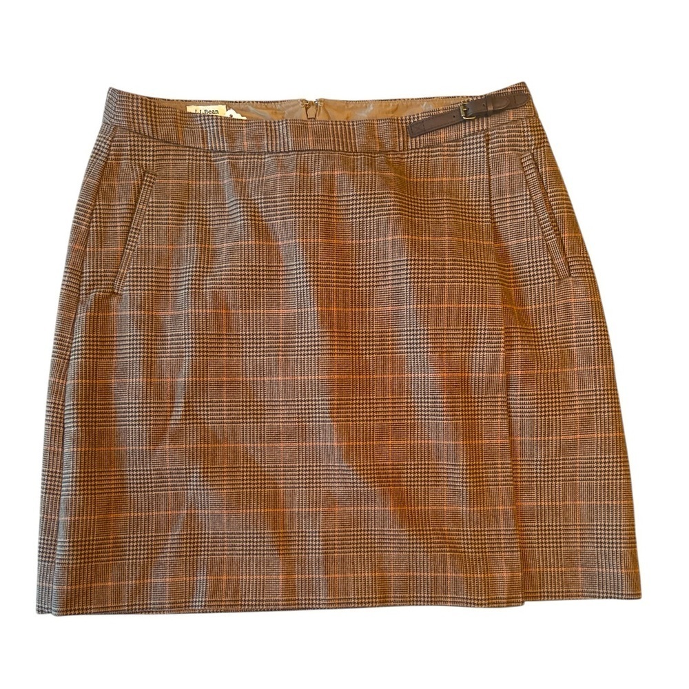 LL Bean Faux Wrap Skirt Womens 10P Brown Plaid Classic Zip Lined Pockets Academy - Picture 3 of 11